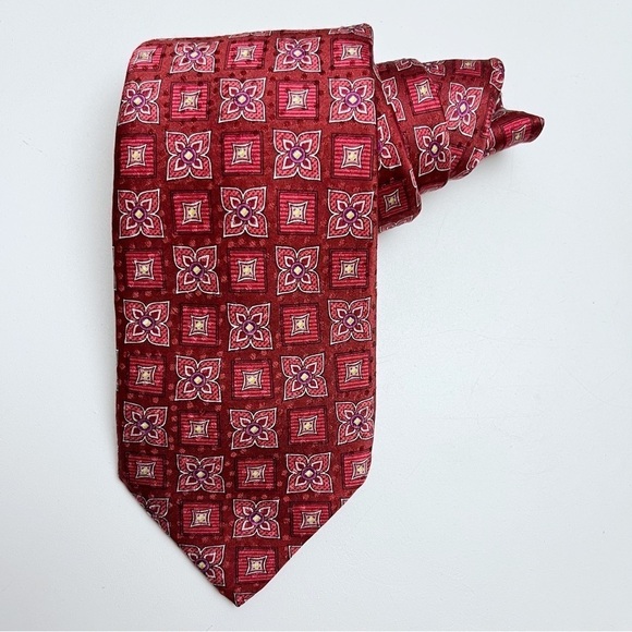Robert Talbott Carmel Red Retro Kaleidoscope Floral Checkered Hand Sewn Silk Tie - Picture 1 of 7